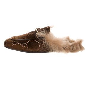Gucci GG logo fur trim mules in Brown.
